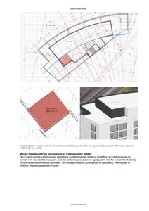 Dokumentet viser en fasadebeskrivelse for Scandic Hotell Narvik. Det inneholder en situasjonsplan (nederst til venstre) som viser en utvidelse av et teknisk rom, en 3D-rendering av fasaden (nederst til høyre) som illustrerer kotehøyden, og en planutsnitt (øverst) som viser plasseringen av rommene. Teksten forklarer justeringer av kotehøyder og fasadeuttrykk.