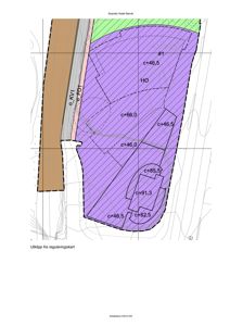 Utklipp fra et reguleringskart som viser tomtens grenser, høydekonturer (c+46,5 osv.) og nabobebyggelse.
