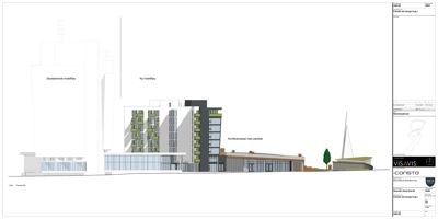 Fasadetegning som viser bygningens utseende fra siden, med oppriss av eksisterende og ny bebyggelse.