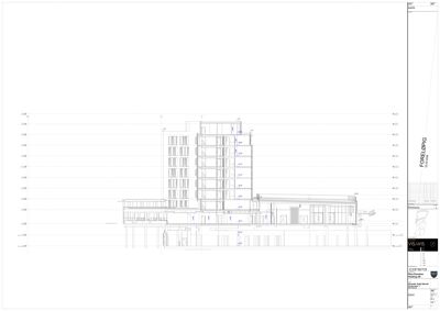 Fasadetegning (opprikk) av en fleretasjes bygning med detaljerte mål og konstruksjonslinjer.