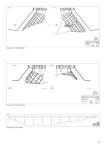 Bildet viser en side fra et tegningshefte som inneholder tre illustrasjoner av snittegninger (Snitttegning 1, Snitttegning 2 og Vannside) for en konstruksjon.