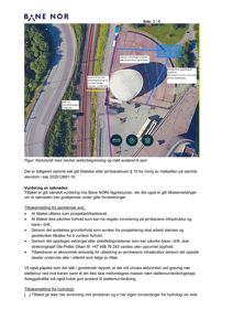 Et luftfoto (kartutsnitt) av et jernbanespor og en bygning med overlagte merkelinjer og tekstboksar som viser avstandar og grenser.