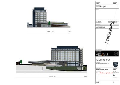 3D-visualisering av fasadeutforming for Scandic Hotel Narvik, vist med skygger og materialer.