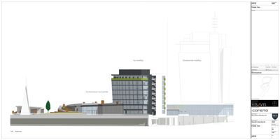 Fasadetegning som viser et oppriss av en ny bygning (hotell) sett fra siden, med angivelse av eksisterende hotell i bakgrunnen.