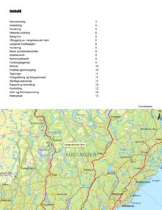 Et oversiktskart over Aust-Agder med Langeraksvatn dam markert, inkludert innholdsfortegnelse for en rapport.