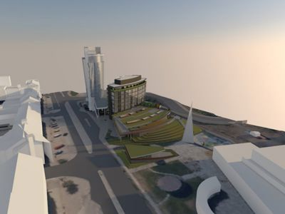 3D-visualisering av et byutviklingsprosjekt med flere bygninger, veier og grønne områder.