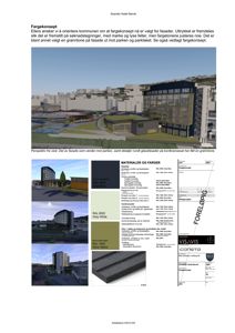 Dokumentet viser et fargekonsept for fasader, inkludert perspektivtegninger (renderinger) og en detaljert fargebeskrivelse med RAL-koder. Selv om det inneholder illustrasjoner, er hovedinnholdet et fotografi/visualisering av et fargekonsept.