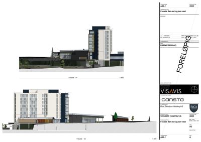 Fasadetegning som viser bygningens utseende fra sør-øst og sør-vest.