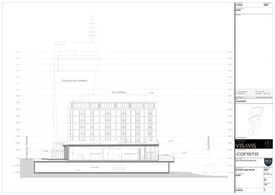 Snittegning som viser bygningens tverrsnitt, høyder, grunnplan og forhold til omgivelsene.
