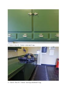 Fotografier av innvendige detaljer i et verksted, inkludert skap og arbeidsbenk.