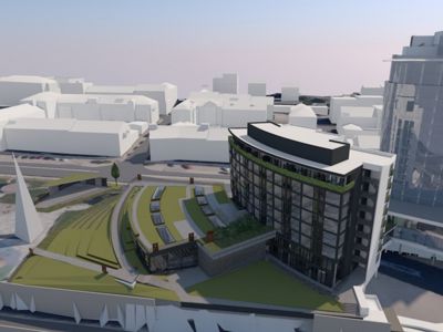 3D-visualisering av et nytt bygg med omgivende landskap og nabobygninger.