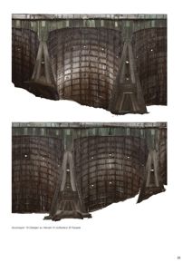 Fotografisk dokumentasjon av en fasade med store, kurvede paneler og tre A-formede søyler.