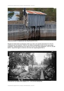 Bildet viser to fotografier av Langeraksvatn-dammen. Det øverste er et fargerikt bilde av en moderne dam med en liten hytte, mens det nedre er et svart-hvitt historisk bilde av dammen under bygging i 1914-1916.