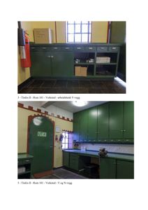 Fotografier av en arbeidsbenk og innredning i et verksted (Rom 101).