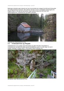 Fotografier av en dam og rørledningsanlegg i naturen, inkludert tekster om befaring og beskrivelser.