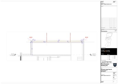 Snittegning som viser tverrsnitt gjennom bygningen, med høydemål og etasjeskillere.