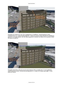 3D-perspektivtegning (rendering) av en hotellbygning med overlagte reguleringsgrenser og tekster som forklarer volumbegrensninger.