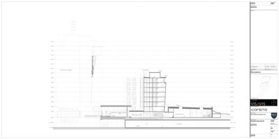 En snittegning som viser bygningens tverrsnitt, høyder og konstruksjonsdetaljer.