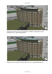 3D-perspektivtegninger (renderinger) av et hotellprosjekt som viser bygningens utseende og volum i forhold til omgivelsene.