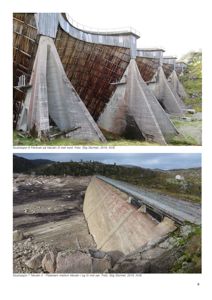 Fotografier av en stor betongdemning (Nåvætn) sett fra utsiden, inkludert detaljer på overflaten og omgivelsene.