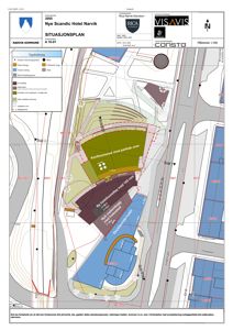 Situasjonsplan for Nye Scandic Hotel Narvik som viser tomtens beliggenhet, omgivende infrastruktur, topografi og planlagt bebyggelse.