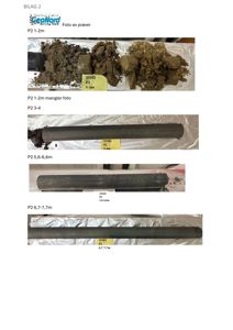 Fotodokumentasjon av jordprøver tatt fra borehull P2 ved ulike dyp (1-2m, 3-4m, 5,6-6,6m og 6,7-7,7m).