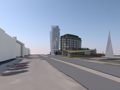 3D-visualisering av et bymiljø med flere bygninger, veier og en skulptur.