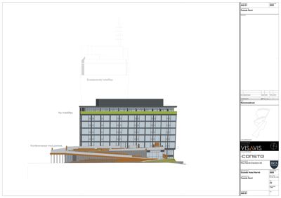 Fasadetegning (opprikk) av Strandsid Hotel Narvik som viser nybygget hotellfløy, eksisterende hotellfløy og konferansesal med parktak.