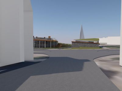 3D-visualisering av en bygning eller et område sett fra bakkenivå, med fokus på fasade og omgivelsene.