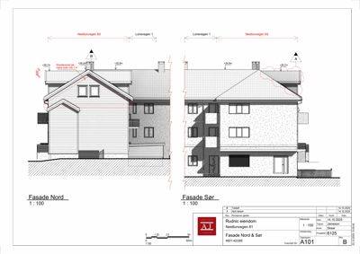 Fasadetegning som viser bygningens utseende sett fra nord og sør, inkludert vinduer, takform og høydemål.