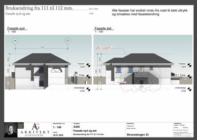 Fasadetegning som viser bygningens utseende fra syd og øst, med mål og detaljer om vinduer og tak.