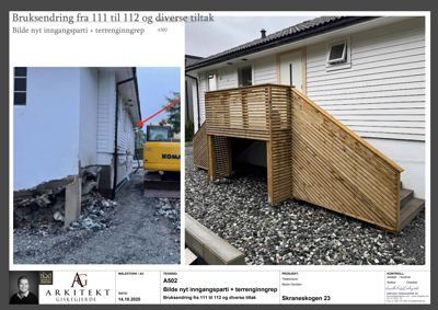 Fotografier av en bygning med en ny innvendig inngang og en ny terrasse med trapp. Bildene viser både før-tilstand (med gaffeltruck) og etter-tilstand (ferdig terrasse).