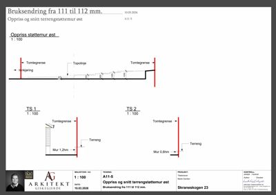Snittegning som viser oppriss og snitt av en terrengstøtmur med mål og detaljer.