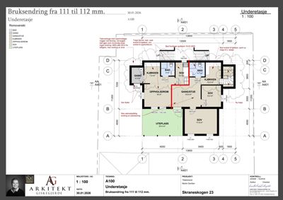 Etasjeplan for underetasjen i en bolig, med romfordeling, mål og notater om endringer.