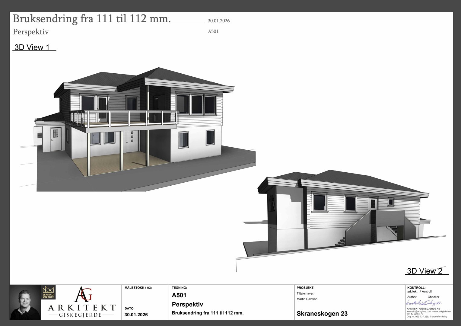 3D-visualisering (perspektiv) av en bolig med to etasjer, balkong og trapp, vist fra to ulike vinkler.