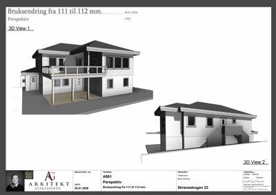 3D-visualisering (perspektiv) av en bolig med to etasjer, balkong og trapp, vist fra to ulike vinkler.