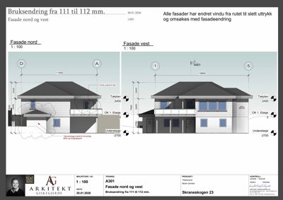 Fasadetegning som viser oppriss av bygningens nord- og vestside med mål, vindusendringer og konstruksjonsdetaljer.