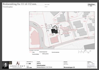 Situasjonsplan (tomteplan) som viser eiendomsgranser, eiendomstekster, bebyggelse og en planlagt bruksendring (111 til 112 mm) for et utomhusanlegg.