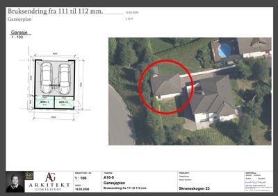 Situasjonsplan som viser tomtens beliggenhet, nabolag og en garasjeplan.