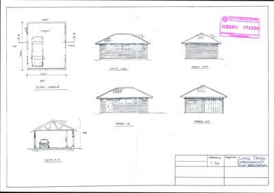Fasadetegning som viser front- og sideutsikter på en garasje, samt en snittegning (Snitt A-A) og en plan for garasjen.