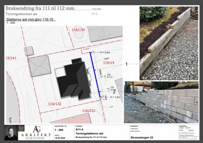 Fotografier av en ferdig utført terrengstøtmur (øst) med tilhørende situasjonsplan og mål.
