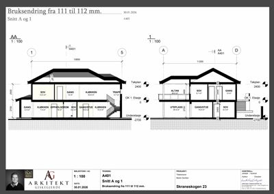 Snittegning (Snitt A og 1) som viser bygningens tverrsnitt, romfordeling og høyder.