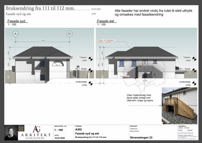 Tegning som viser fasadeoppsett for bygningens syd- og østside, inkludert vindusforhold, materialvalg og trapp/repos.