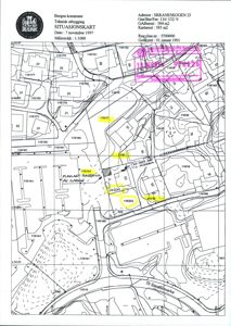 Situasjonskart som viser eiendomsnummer, areal, adresse og planlagt plassering av garasje.