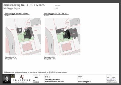 Sol- og skyggediagram som viser solposisjonens innvirkning på bygningens skygger ved ulike tidspunkt (15:00 og 18:00) i august. Inneholder også tommeløp for uteoppholdsareal.