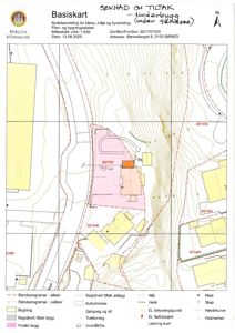 Basiskart som viser eiendomsgrenser, bygninger, hekk, kulturminne og topografi for Bønesberget 6.