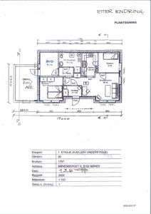 Plantegning av etasjen 1 (kjeller/underetasje) med romfordeling, mål og detaljer.