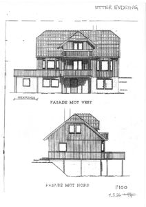Fasadetegning med oppriss av bygning sett fra vest og nord