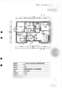 Plantegning av 1. etasje (kjeller/underetasje) med romfordeling, mål og arealoppdelinger.
