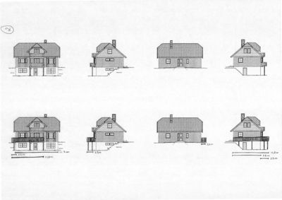 Fasadetegninger som viser front- og sideutsikter på en bolig med mål.